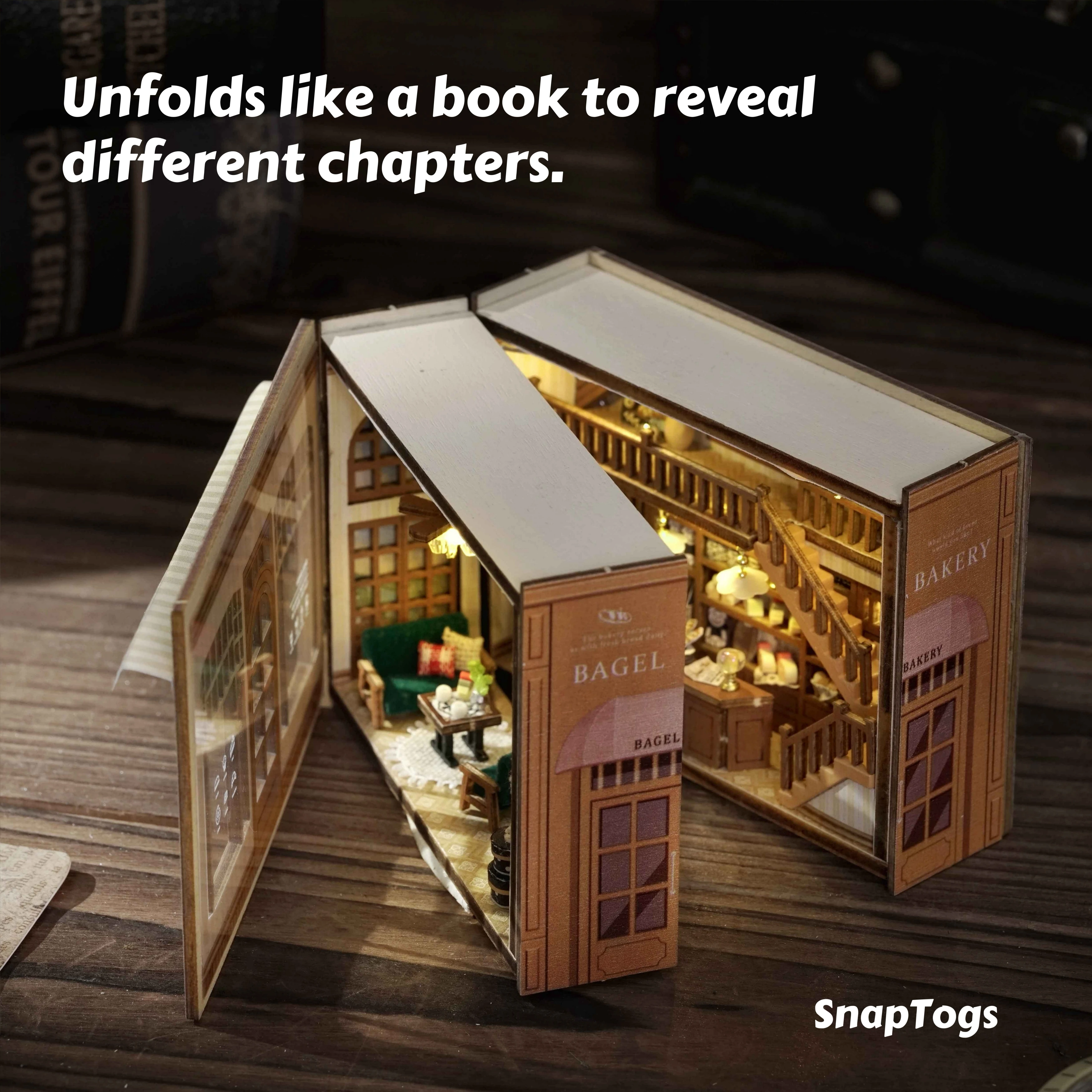 SnapTogs Palm Sized DIY Miniature House Vintage Book Nook Tiny Doll House Cozy Mini Bakery Roombox Wooden Building Blocks Toy