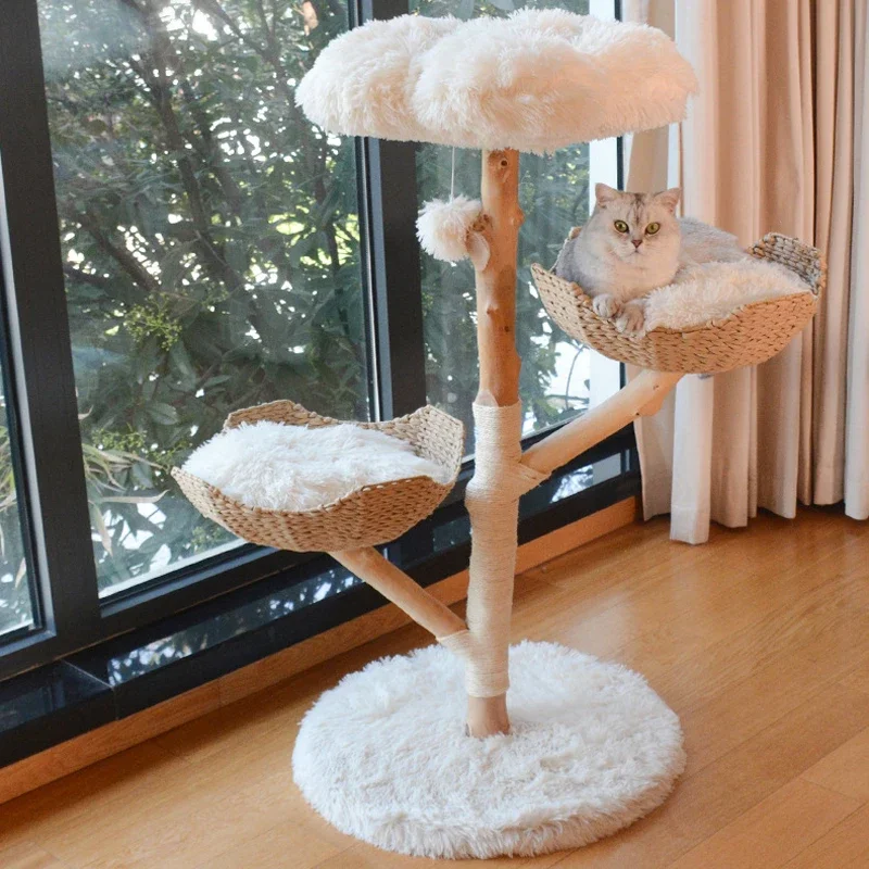 Flower Solid Wood Cat Tree Tower Indoor With Cat Wood House Modern Scratching Post Jumping Platforms Pet Houses And Furniture