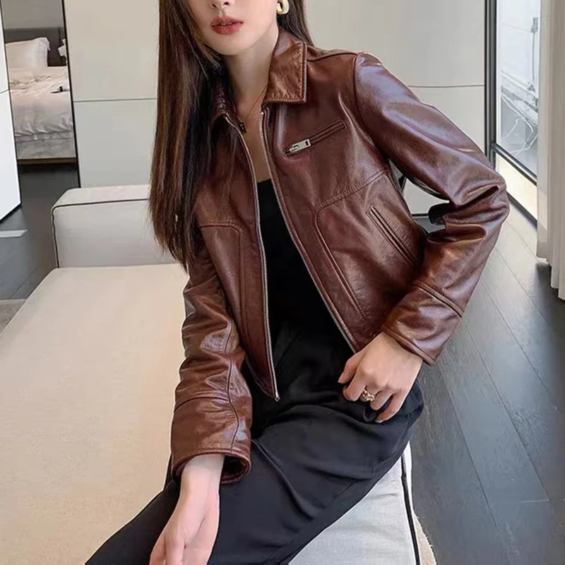 Women's Genuine Leather Jacket Spring Autumn Trend Lapel Zipper Motorcycle Retro Slim Casual Short Cow Leather Lederjacken Damen