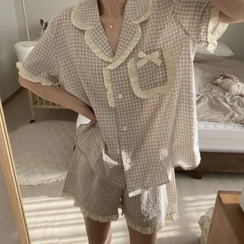 Plaid Sleepwear Women Pajama Sets Korean Summer Piiama Sets 2 Pieces Bow Night Wears Short Sleeve Pyjamas Pocket Home Suit 2024