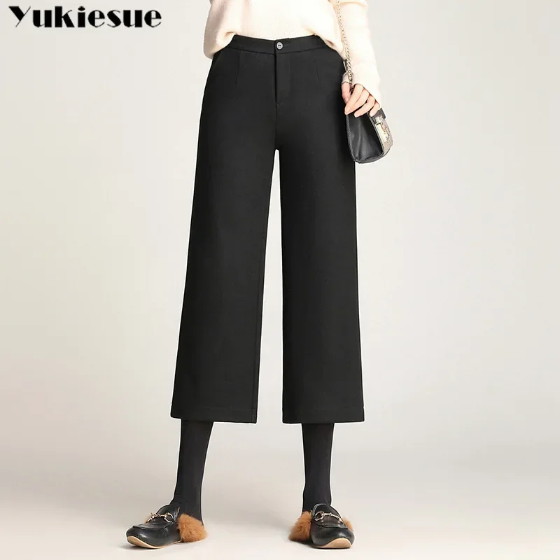 

Флисовые брюки с высокой талией, женские свободные прямые брюки 202, осень-зима, винтажные повседневные вязаные широкие брюки, укороченные брюки