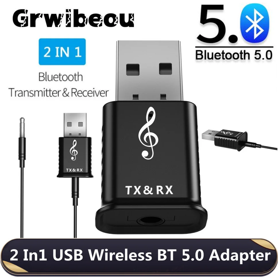 USB Bluetooth 5.0 Penerima Audio Pemancar 3.5Mm AUX Jack 2 In 1 Bluetooth 5.0 Adaptor Dongle untuk PC TV Speaker Mobil Headset