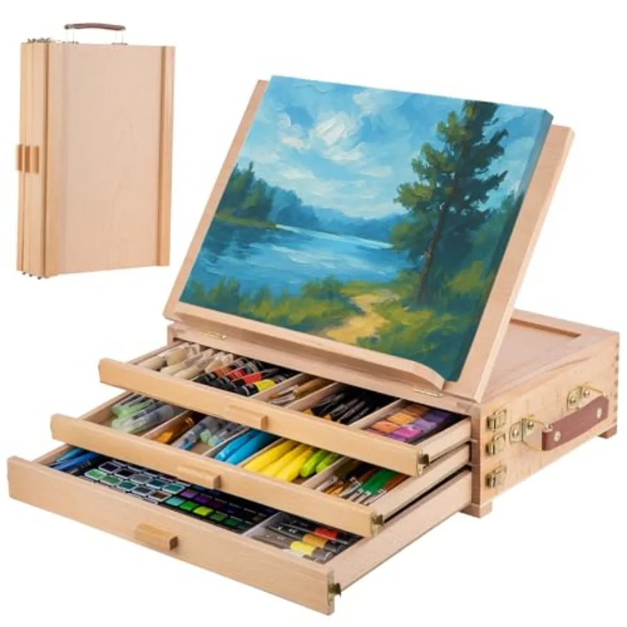 

Table Easel with Sketch Box Storage, Portable Beechwood Desktop Art Easel with 3 Drawers, Adjustable Tabletop Painting Stand fo