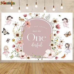 Mocsicka Fairy Butterfly Baby Birthday Backdrop She is One-derful Girl 1st Birthday Party Photo Background Decor Photocall Props