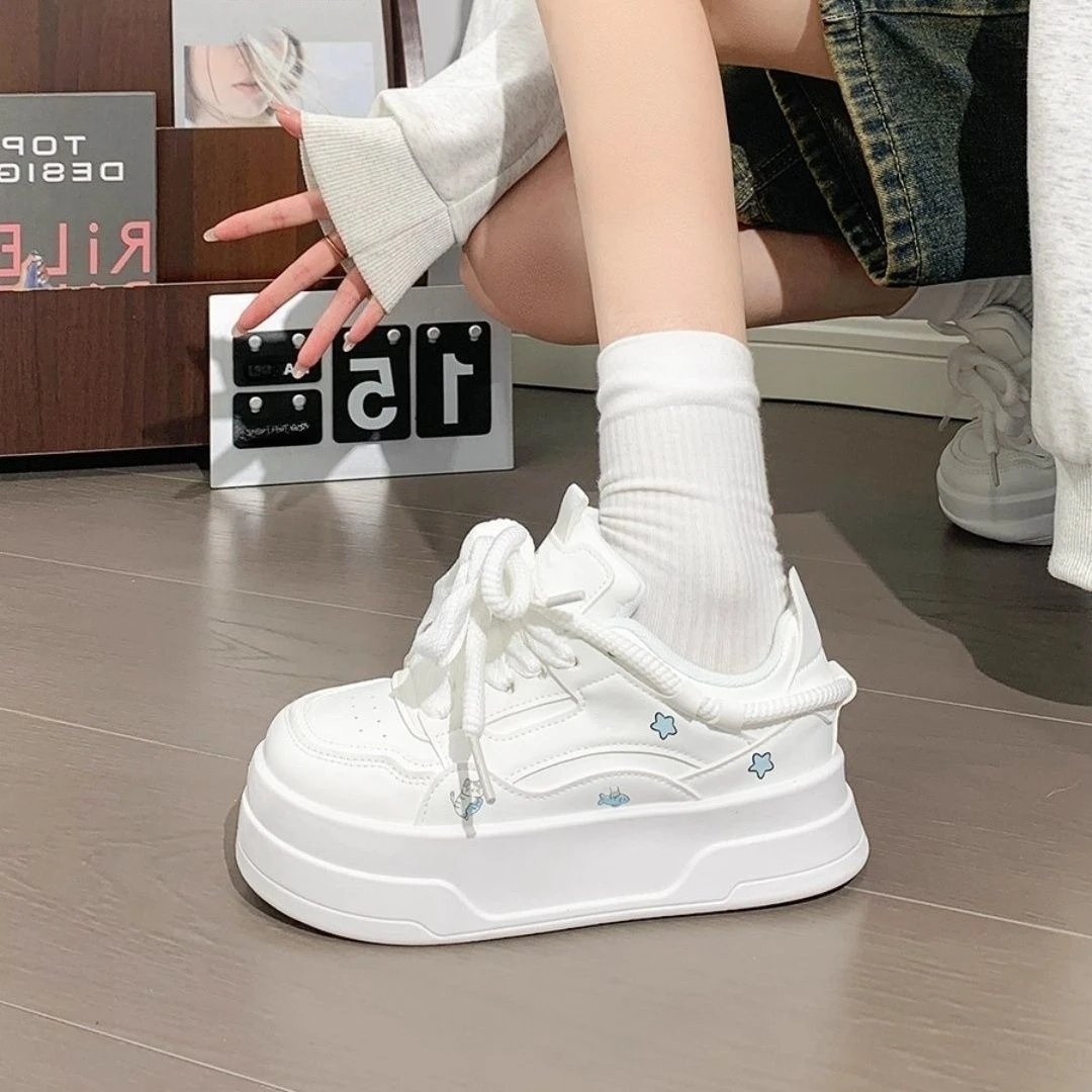 High End Starry Platform White Sneakers for Women Trendy Model Comfortable Height Boosting Casual Shoes with Breathable Mesh