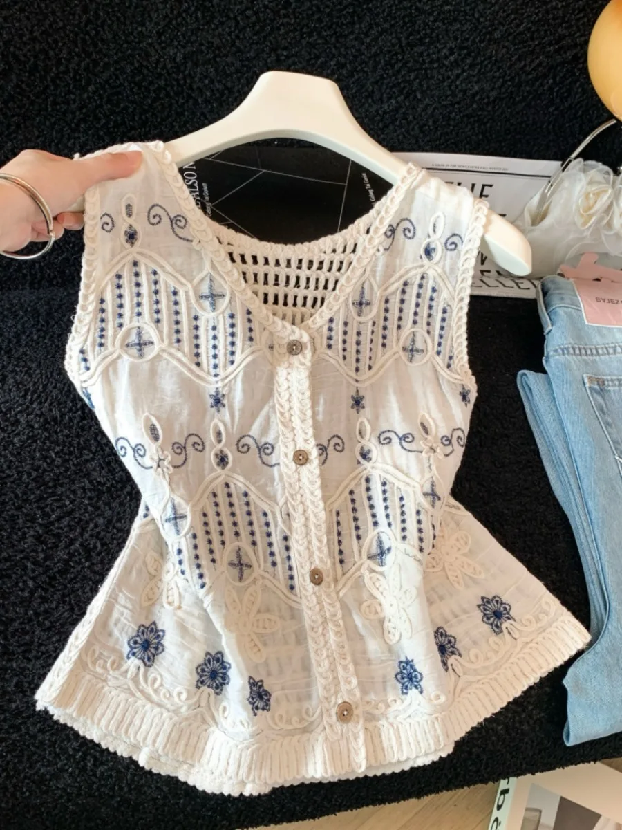 Bohemian Holiday Style Hollow out Short Vest Women's Summer Outerwear Sleeveless Top Loose Fit A-Line Narrow Strap Vest