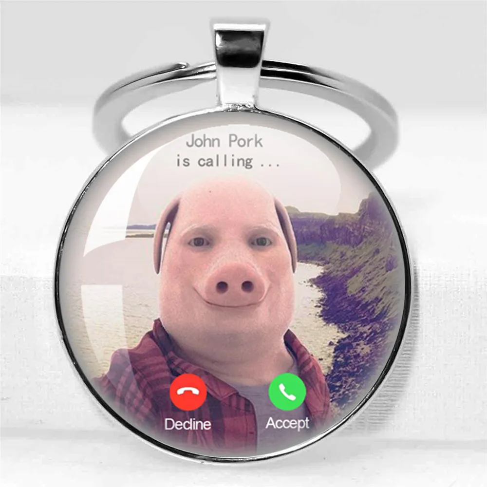 John Pork is Calling Answer Call Phone Humor Funny Pig Lover Graphic Meme Glass Cabochon Fashion 30MM Keychain Jewelry Gifts