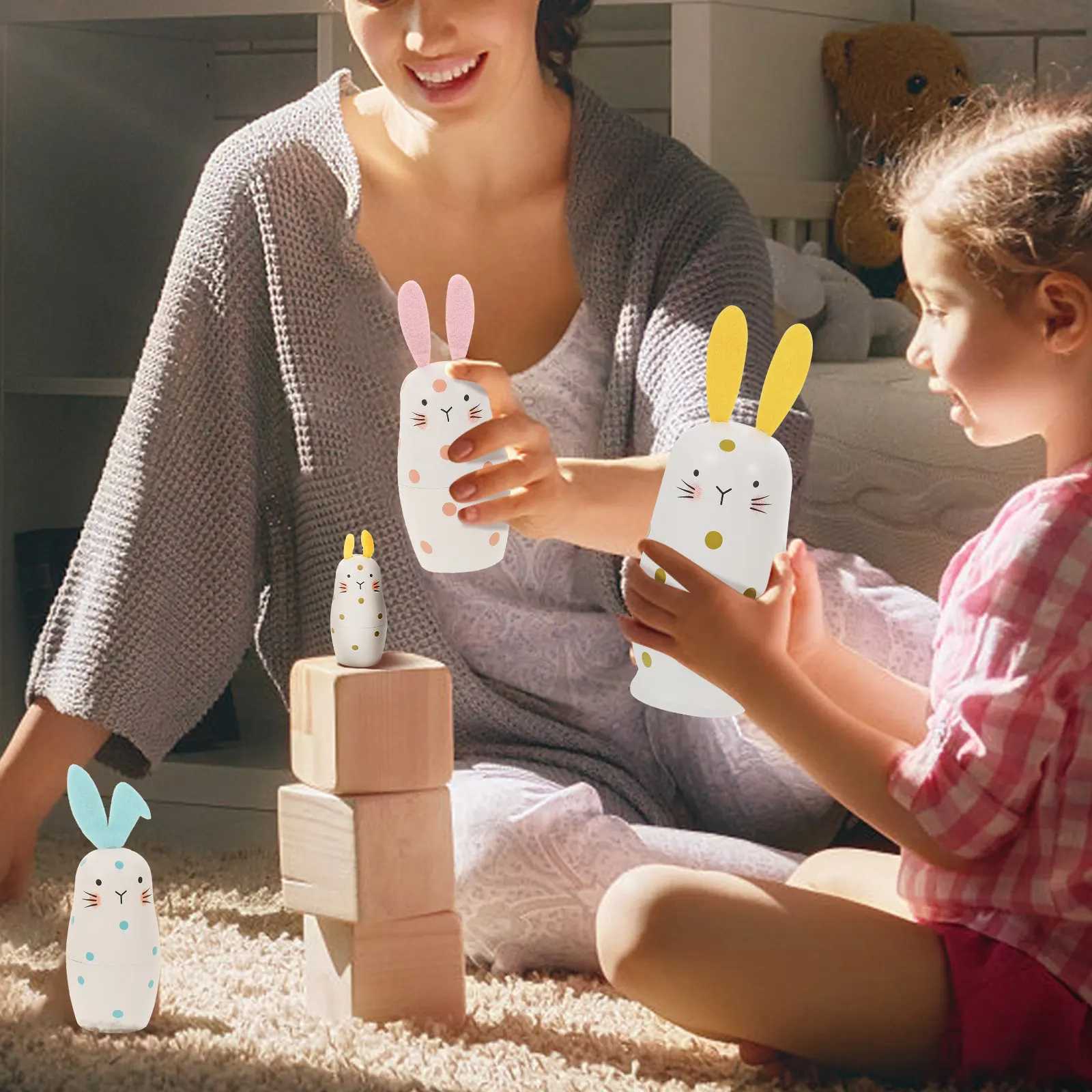 

1Set 4-Piece Wooden Nesting Rabbit Design Smooth Surface No Fade Home Decor Festival Decoration Party Use Ornament Wooden