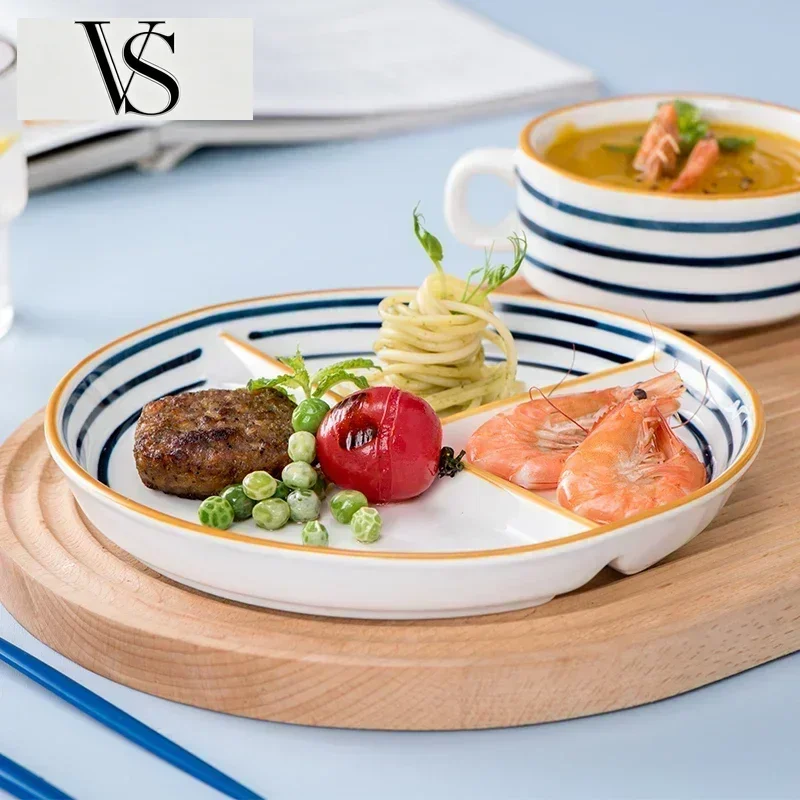 Plate Hand Dinner Drawn Three Plates Grid 1person Family Breakfast Plate Fat-Reducing Divider Quantitative Plates Ceramic