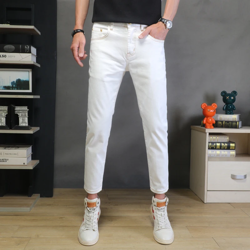 

2026 New Luxury White Cropped Jeans Men Summer Thin Stretch Slim Fit Skinny Denim Pants Korean Fashion Brand Trousers