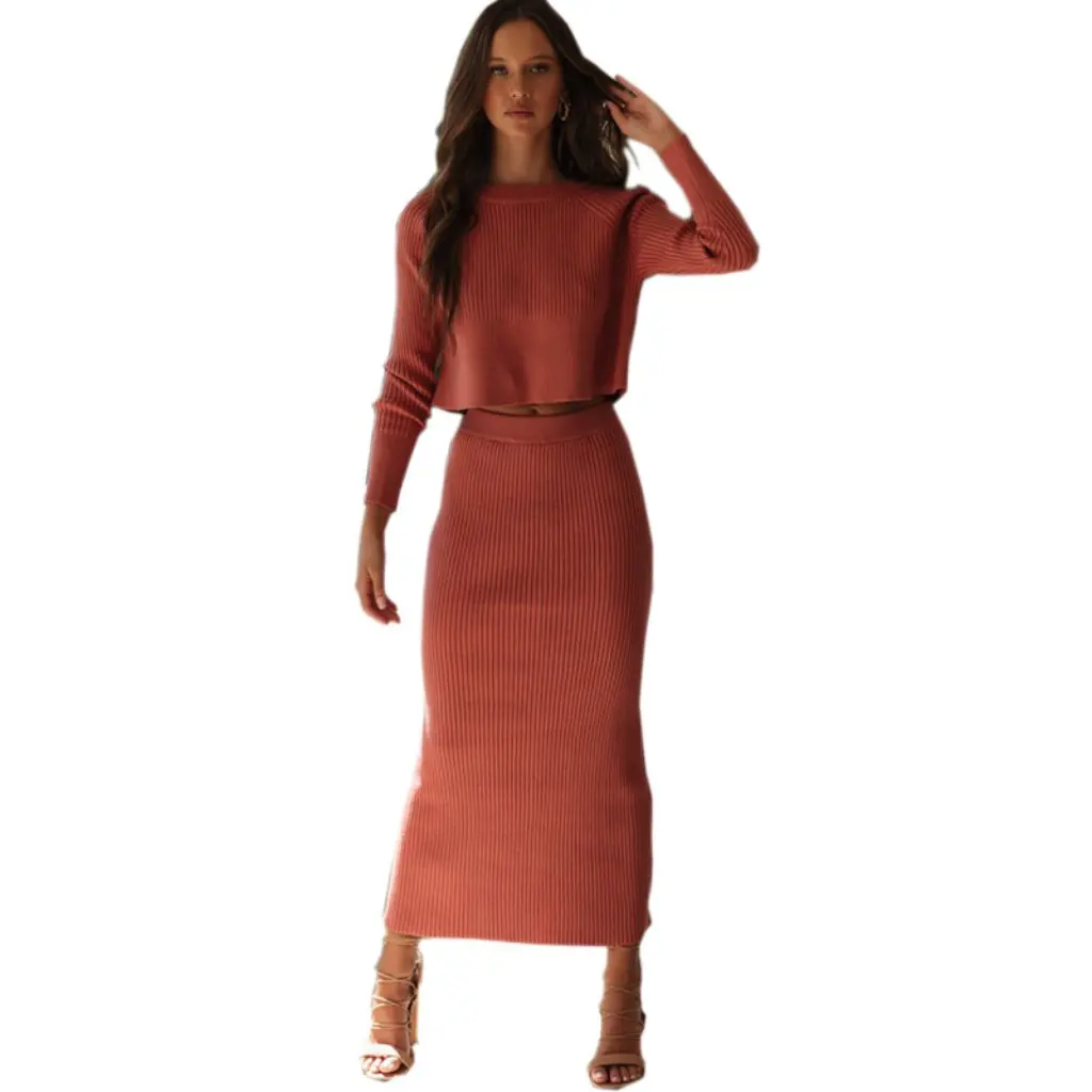 

European And American Fashion 3-Color Knitted Sweater Dress with Split Hem Set Women's Stylish Casual Dress