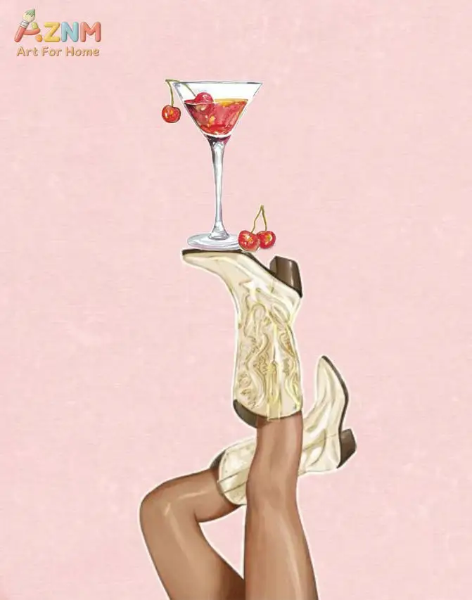 Cowgirl Boots High Heel Martini Cocktail Canvas Prints Set, Western Wine Girly Bar Wall Art Unframed Canvas
