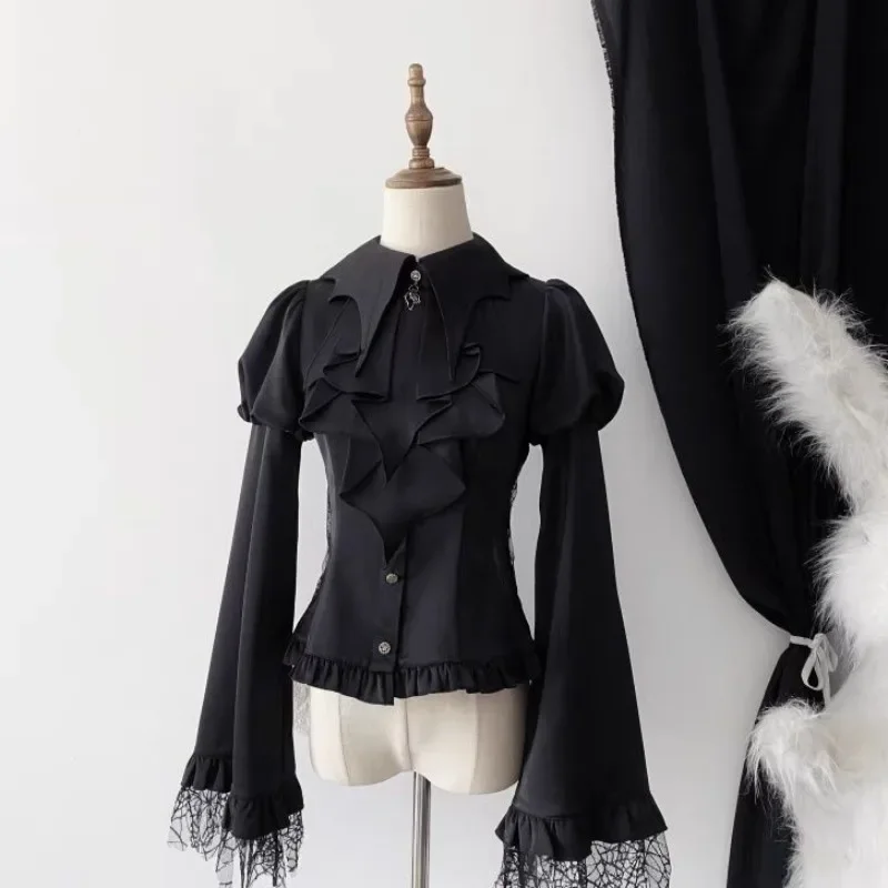 ビクトリア朝のヴィンテージロリータスタイルシャツ女性カジュアルゴシックメッシュランタンスリーブスリムブラウス女性 Y2k 美的かわいいトップス Blusas