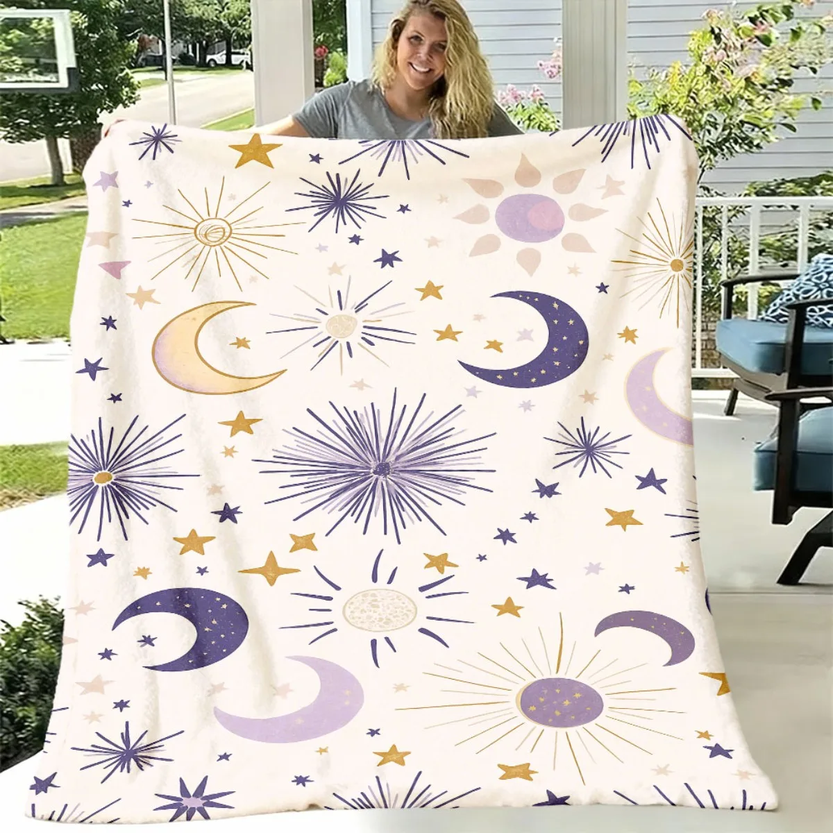 Cream Base Moon Sun Star Firework Repeat Throw Blanket Neutral Pastel Tone Boho Night Sky Print Seasonal Couch Lounge Blanket