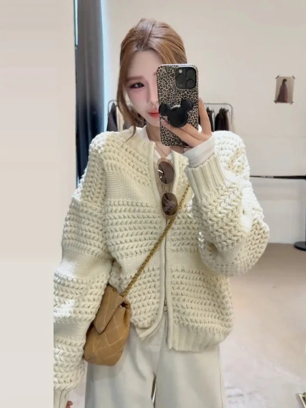 Retro Gruby Sweter Rozpinany z Igliwej Dzianiny z Imitacji Igliwy Sosny, Zapinany na Zamek, Damski, Zimowy, Nowy, Ciepły, Casualowy...