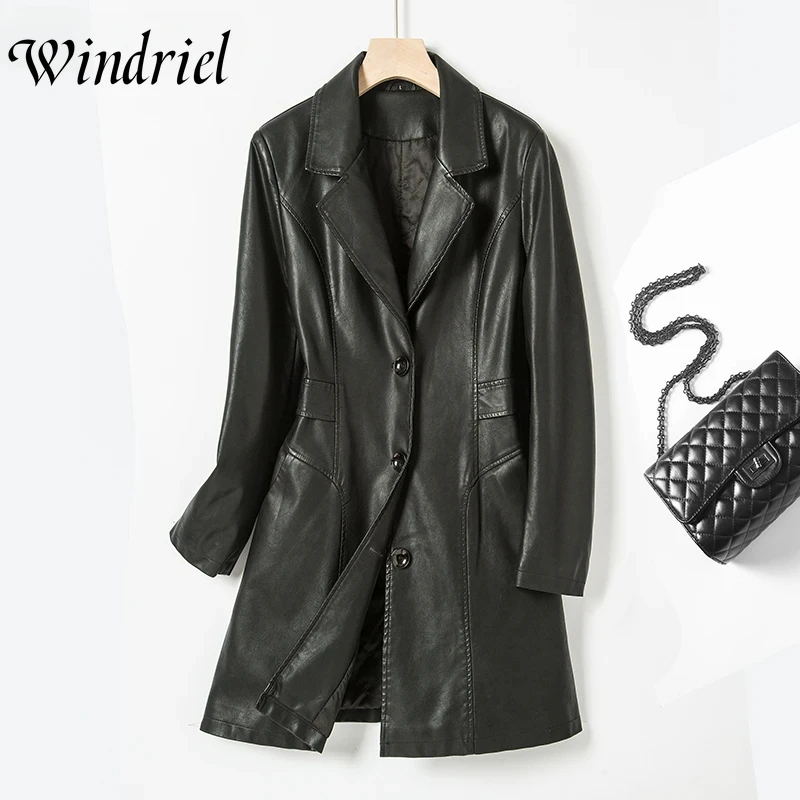 

Spring Clothing Fashion Women Long Leather Trench Female High Street Button Faux Leather Jacket Coat High Street