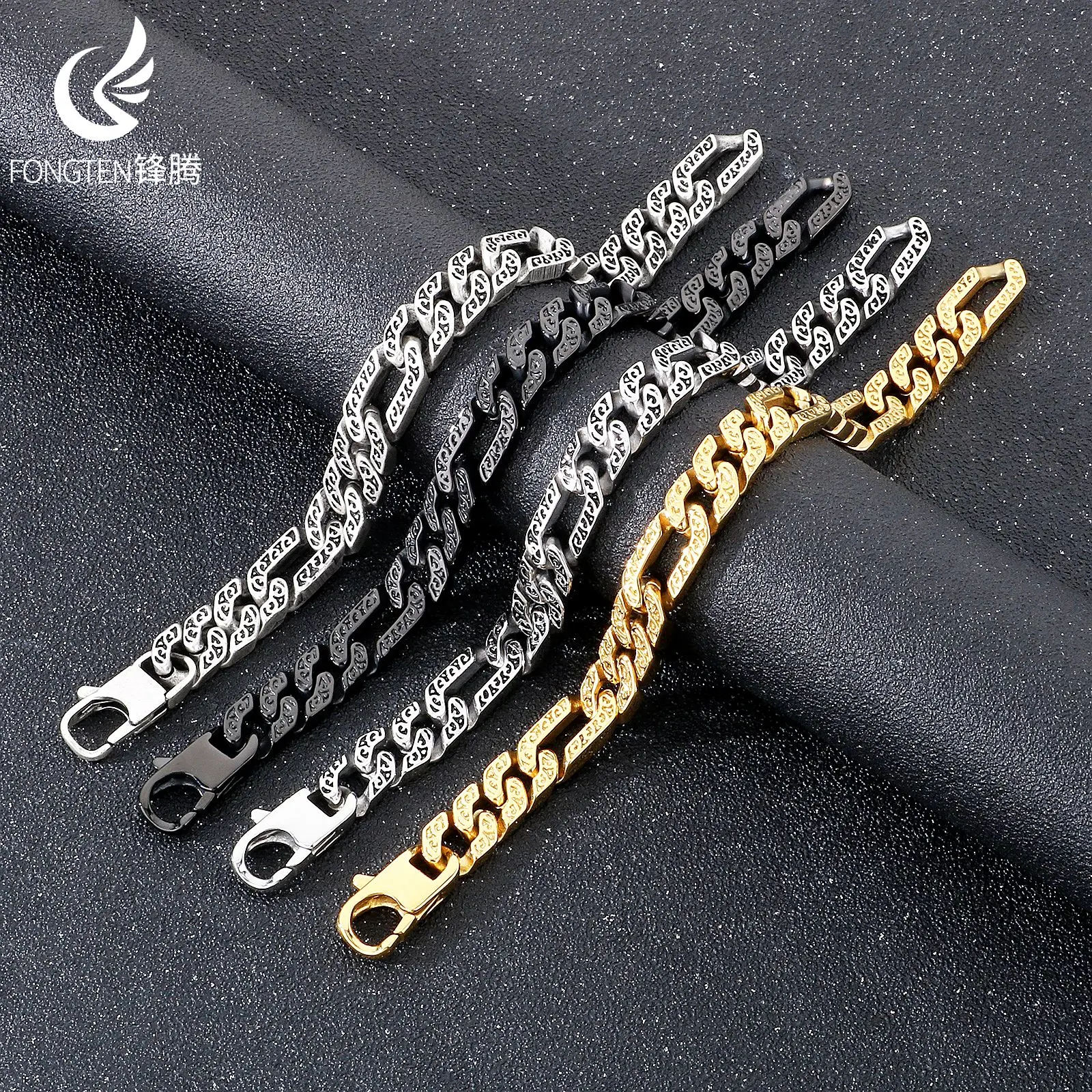 

Fongten Tie Stainless Steel Men's Bracelet Mysterious Egyptian Pattern Hollow Chain Punk Rock Halloween Gift Fashion Jewelry