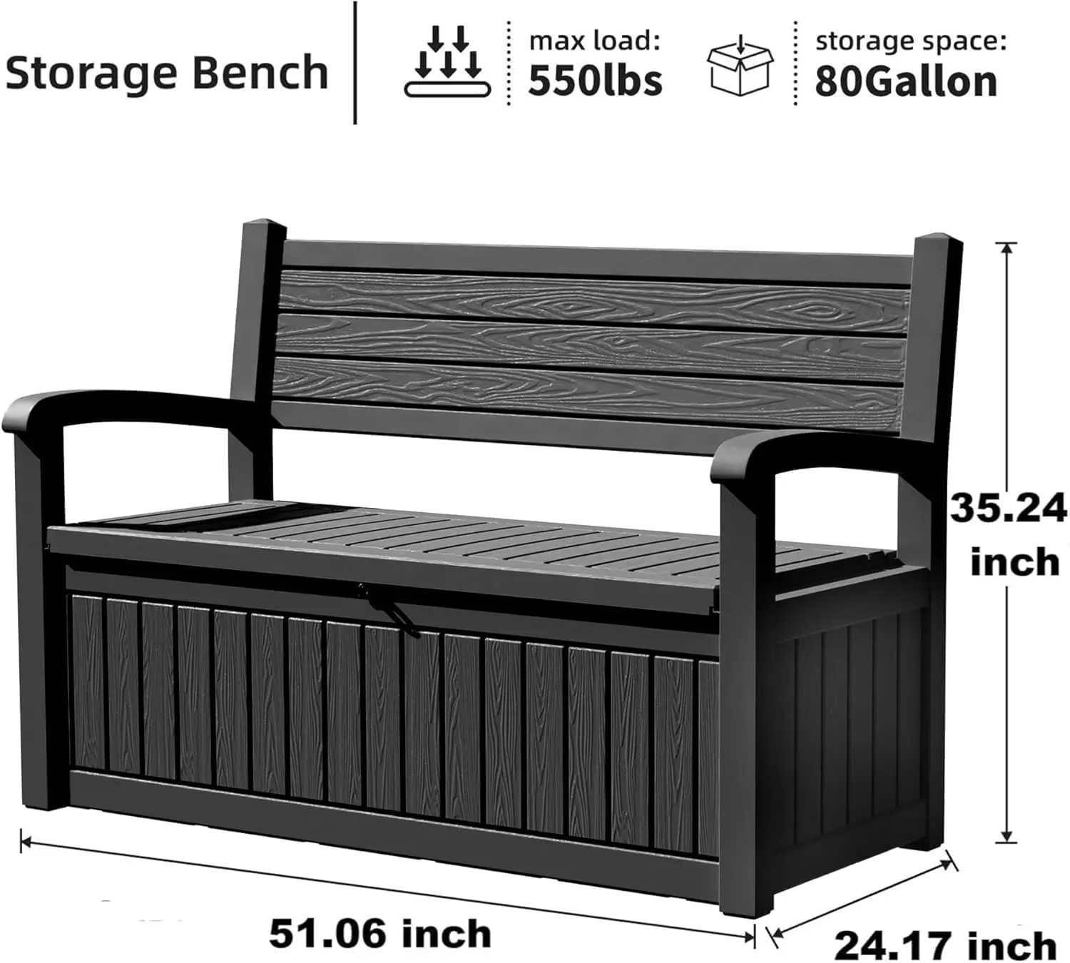 Indoor Outdoor Storage Box 80 Gallon, Resin Deck Box Organizer Container With Lockable Lid Support, Heavy Duty Weather Resistant Backyard Garden Patio Cushion Bench Cabinet, Black Stripe view 2