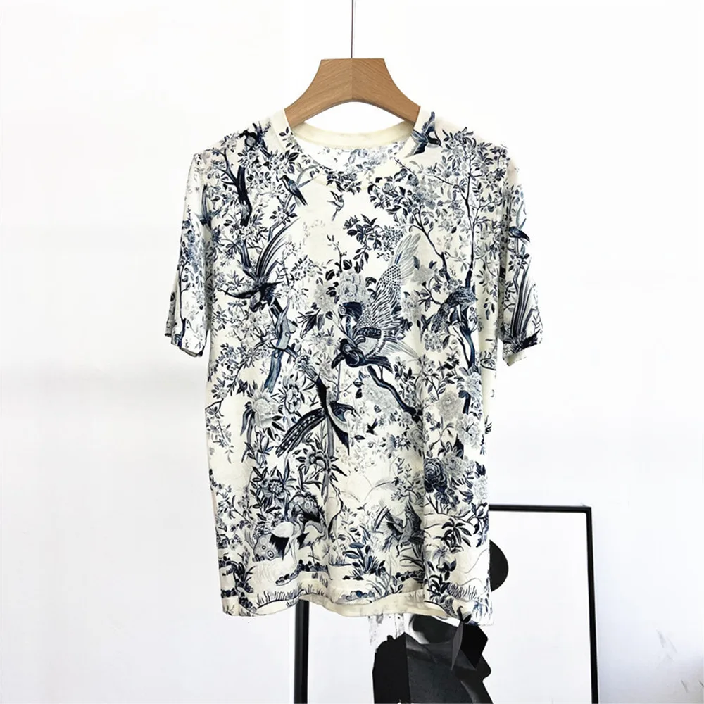 

25 Summer Printed Round Neck Loose Knitted Wool Women's Knitted Short Sleeve