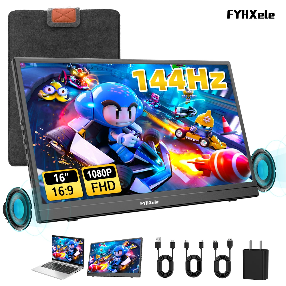 Monitor Portátil FYHXele de 16 Pulgadas, 144Hz, IPS, Pantalla 1K con Soporte para PC, Laptop, Switch, XBOX, PS4, Compatible con HDMI y