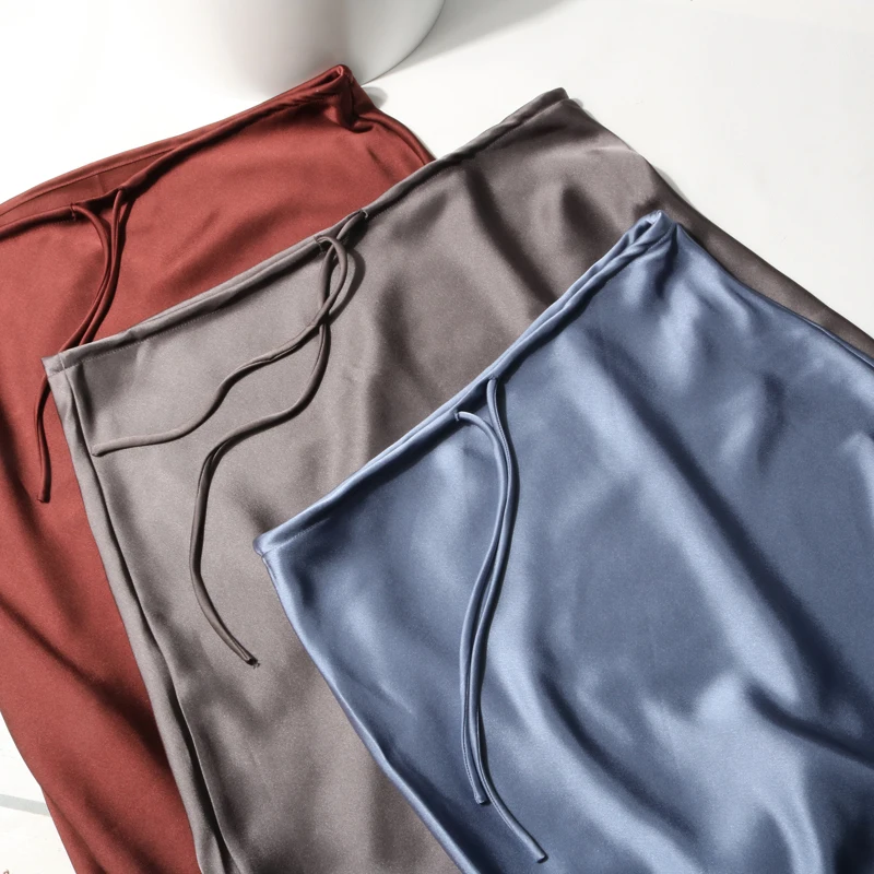 New In 2026 Spring Summer Solid Color Satin Long Skirt For Women High Waist Lace-Up Fashion Elegant Faldas