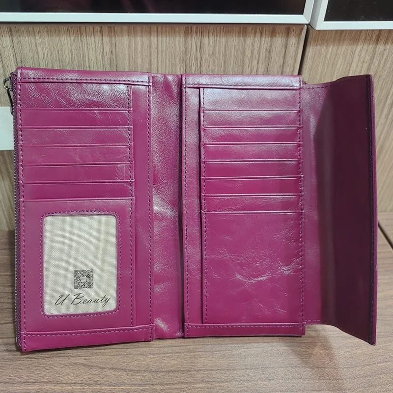 Vintage Waxed Genuine Cow Leather Flap Long Wallet Multi-functional Cowhide Clutch Purses Women Card Holder Coin Purse Wallets