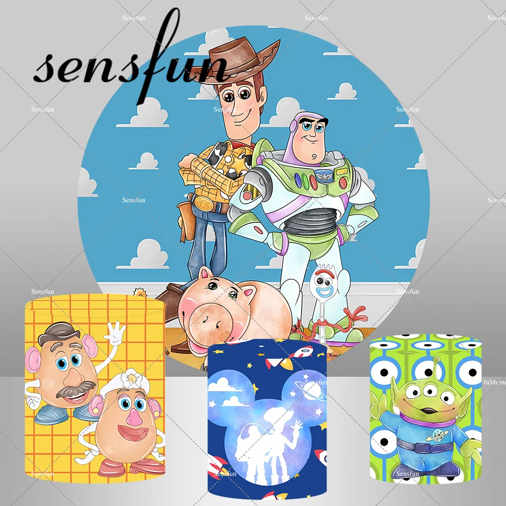 Cartoon Woody Buzz Lightyear Toy Story Round Backdrop Sky Blue Clouds Baby Shower Boys Birthday Party Background Cylinder Cover