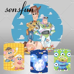 Cartoon Woody Buzz Lightyear Toy Story Round Backdrop Sky Blue Clouds Baby Shower Boys Birthday Party Background Cylinder Cover