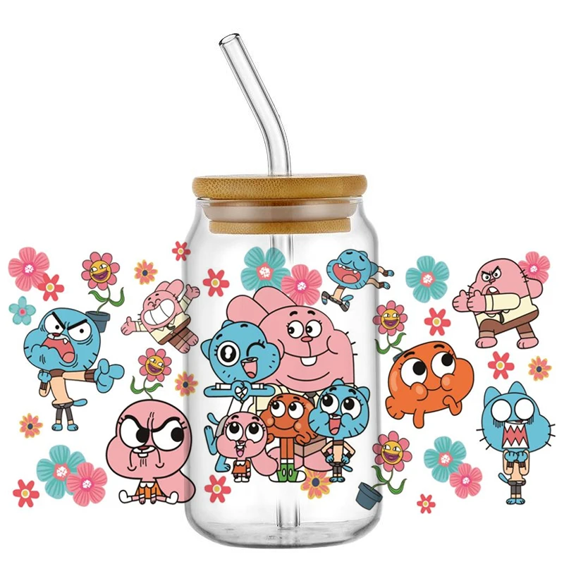 جديد الأشعة فوق البنفسجية DTF كأس التفاف لطيف Gumball نقل ملصقات ثلاثية الأبعاد ل 16 أوقية Libbey الزجاج يمكن بهلوان ذاتية اللصق مقاوم للماء الشارات بالجملة