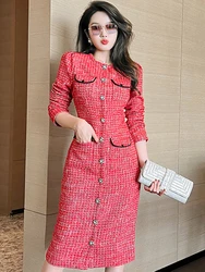 Autumn Winter Women Midi Jacket Elegant Red Tweed O-neck Long Sleeve Single Breasted Slim Coat Office Work Party Ladies Clothe