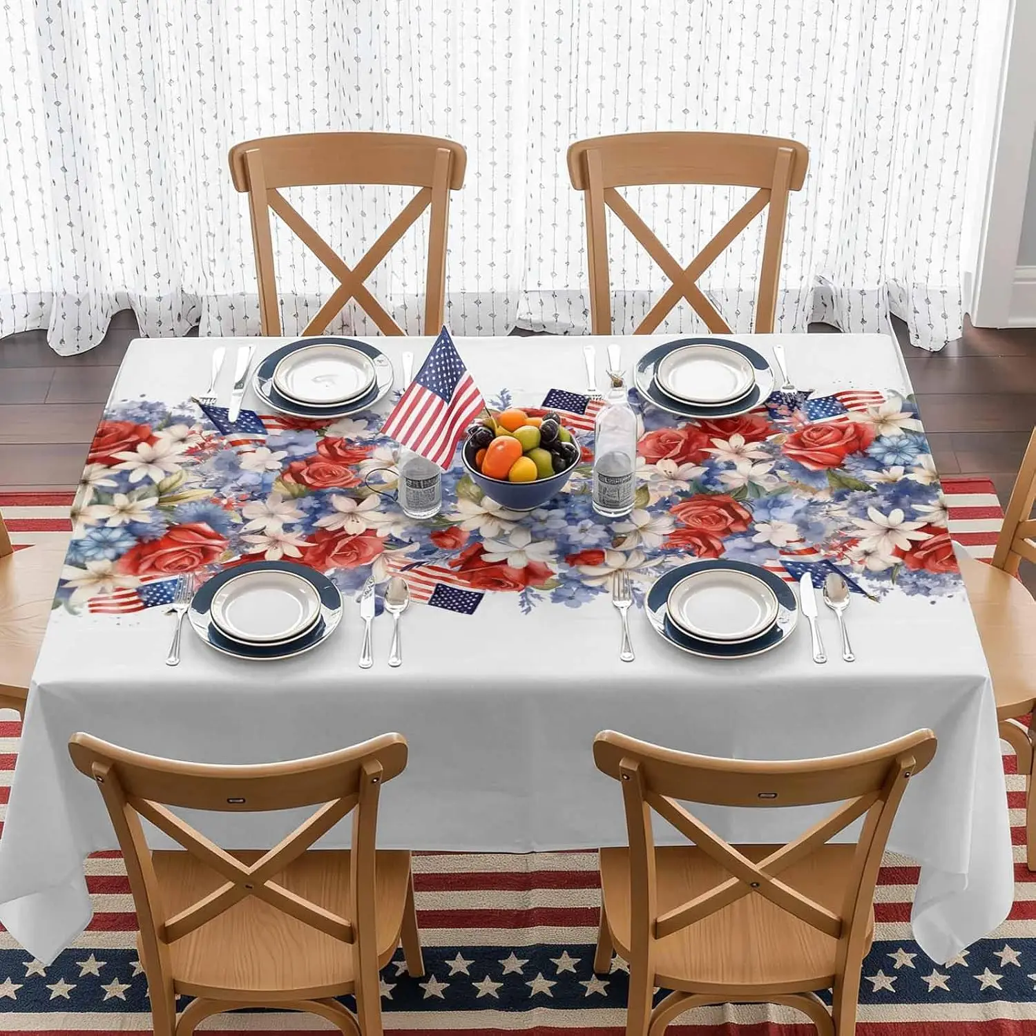 4th of July Independence Day American Flag Print Tablecloth for Table Decor Red Blue White Floral Dining Table Cloth Party Decor