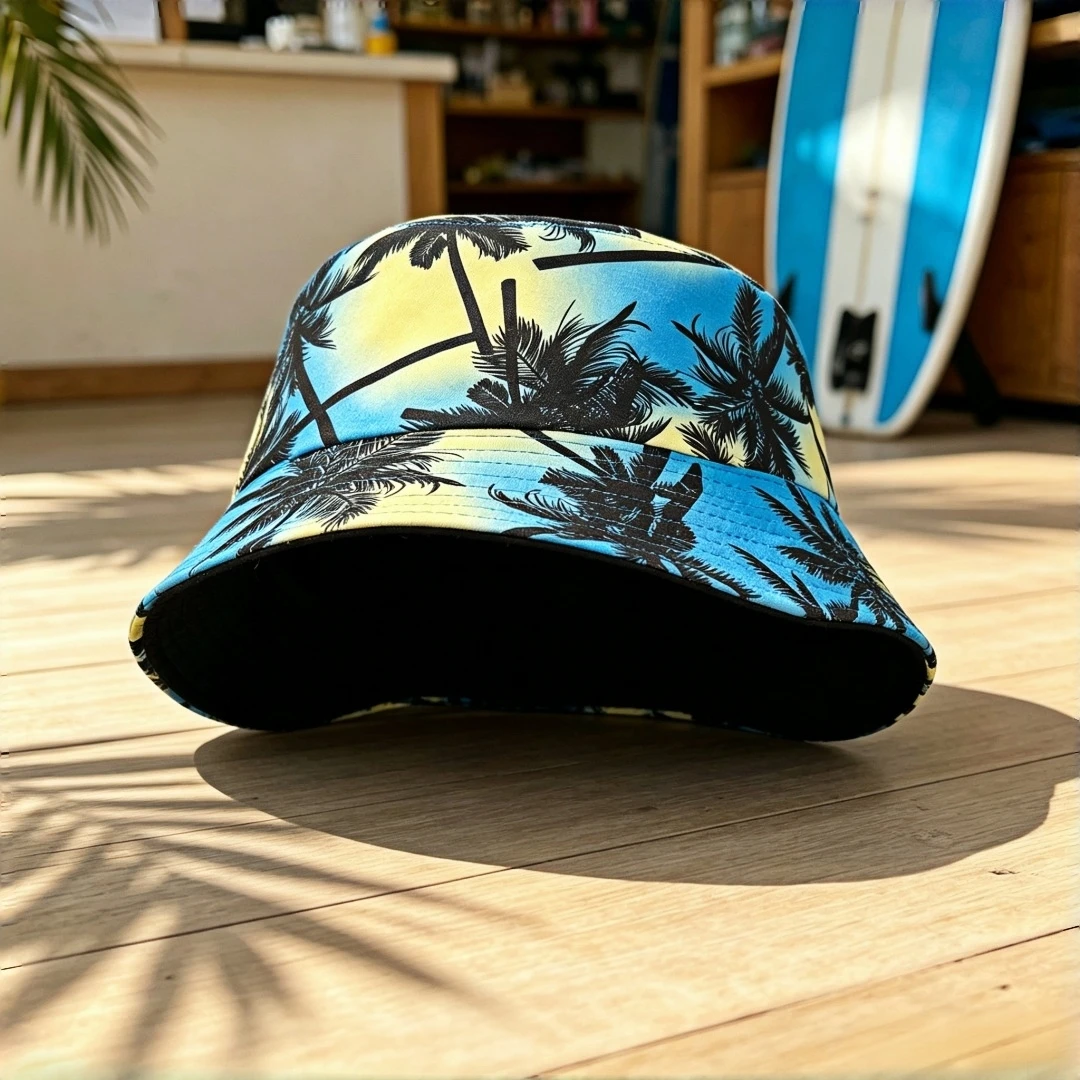 Blue Yellow Gradient Tropical Palm Tree Bucket Hat Coconut Print Fisherman Hat Lightweight Portable Sun Cap For Beach Vacation T