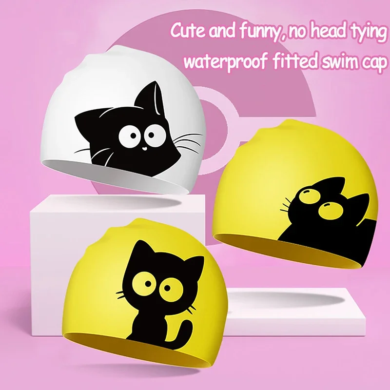 Cute Cat Swimming Cap For Long Hair Ears Protect Children Kids Waterproof Elastic Silicone Swim Pool Cap Bathing Caps Diving Hat