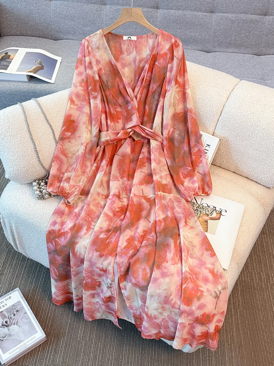 

150 кг, женское обхват груди, осень 150, свободное платье с длинными рукавами и v-образным вырезом с цветочным принтом, элегантное стильное платье 5XL, 6XL, 7XL, 8XL, 9XL