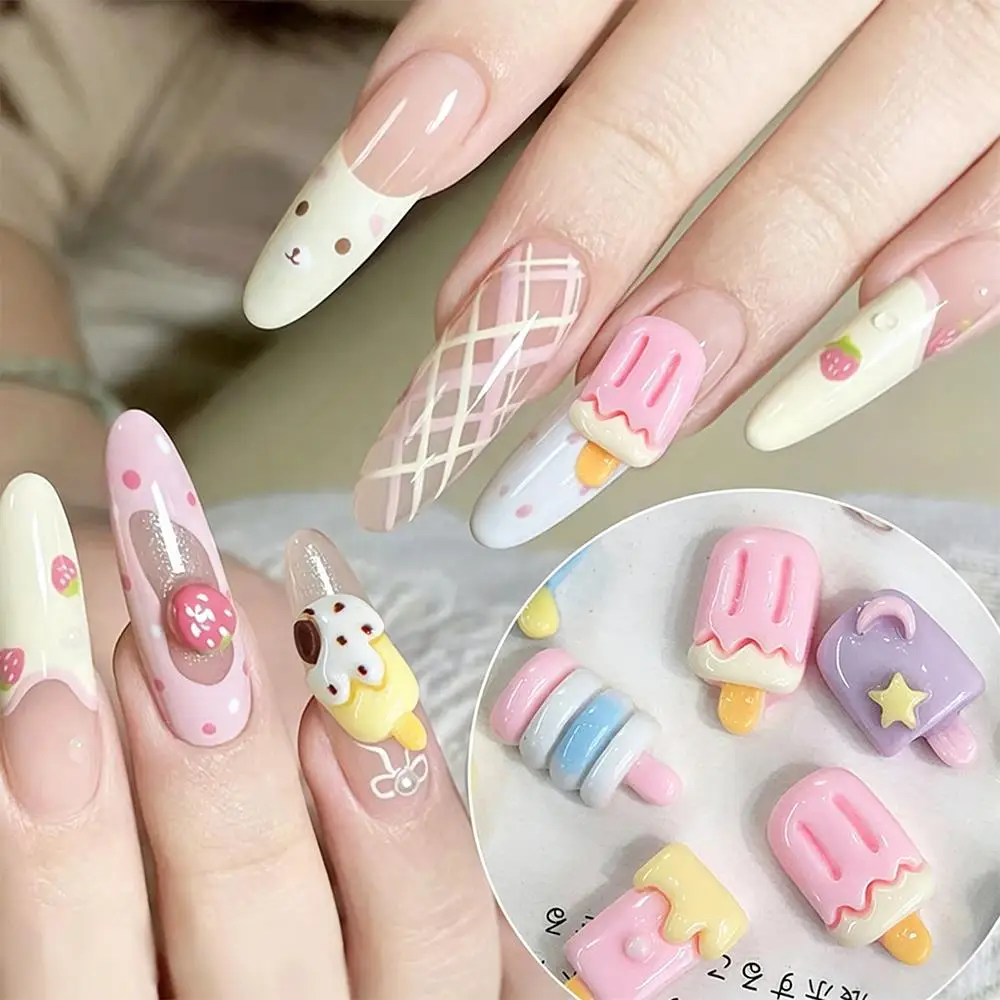 10Pcs 3D Cartoon Popsicle Series Nail Charms Macaron Heart Ice Cream Resin Nails Art Decoration for Summer Manicure Accessories
