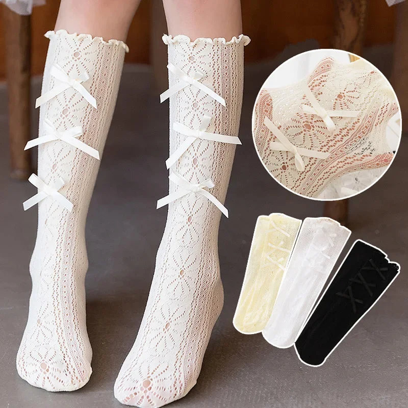 Korean Bow Baby Girl Socks Lolita Bowknot JK Socks for Kids Summer Breathable Mesh Knee High Socks