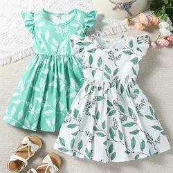 Kids Girls Summer Sundress Toddler Crew Neck Leaf Prints Shorts Sleeve Casual Beach Party Princess Dress Children Vestidos 2023