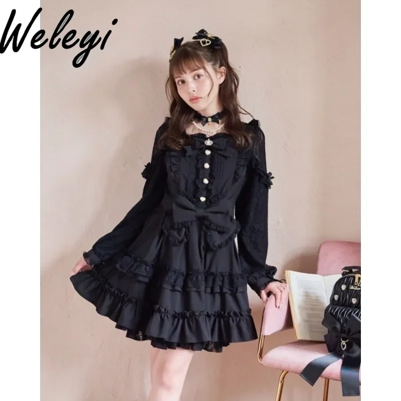 Kawaii Lolita Lace Off The Shoulder Dress Cute Ropa De Mujer Streetwear New Sukienki Bow Mass Produced Little Angel Cake Kleider