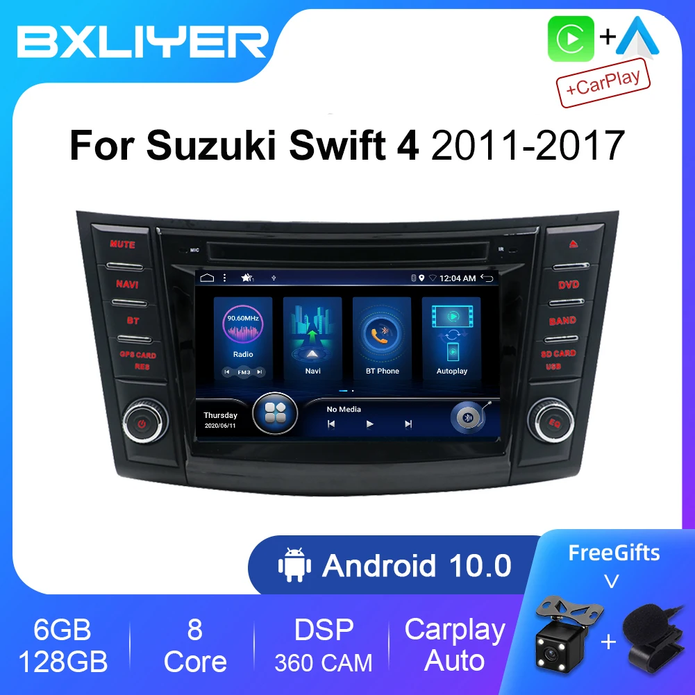 BXLIYER 6+128GB Android 12 Auto Radio Car Multimedia DVD Player For Suzuki Swift 4 2011 - 2017 Carplay DSP GPS Navigation WIFI