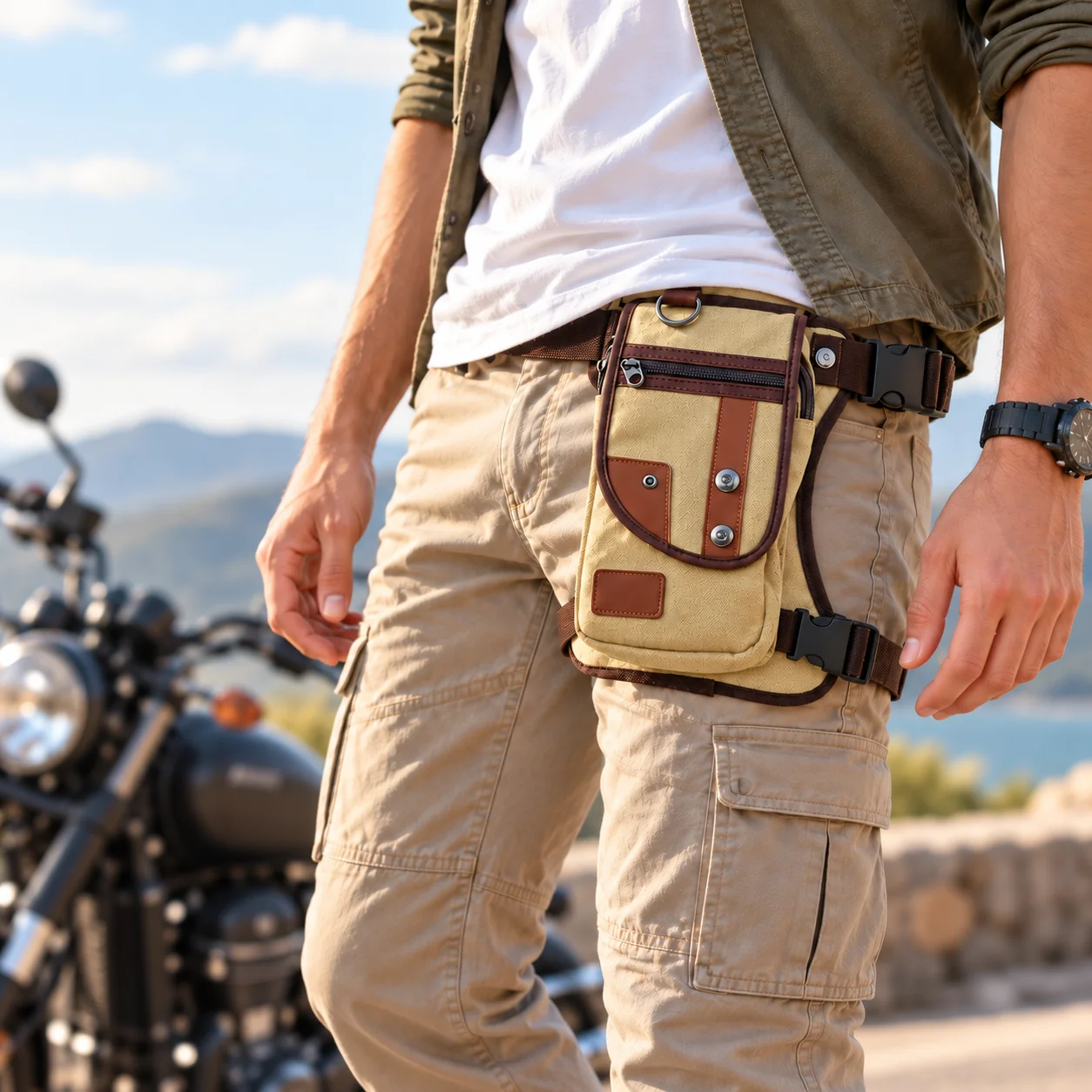 Canvas Motorcycle Leg Bag for Men, Adjustable Waist and Thigh Pouch, Compact Riding Bag for Cycling Hiking Outdoor Travel