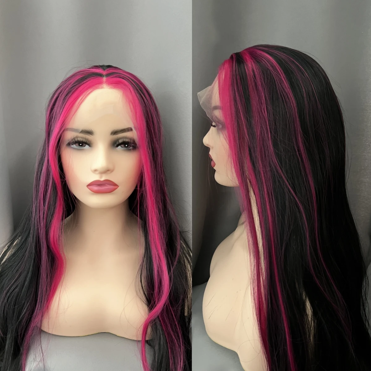 

Pink Black Stitching Synthetic Long Straight Hair Wig Front Lace Breathable Mesh Cap Hair Silk Easy-to-Work Dating Cosplay Wig