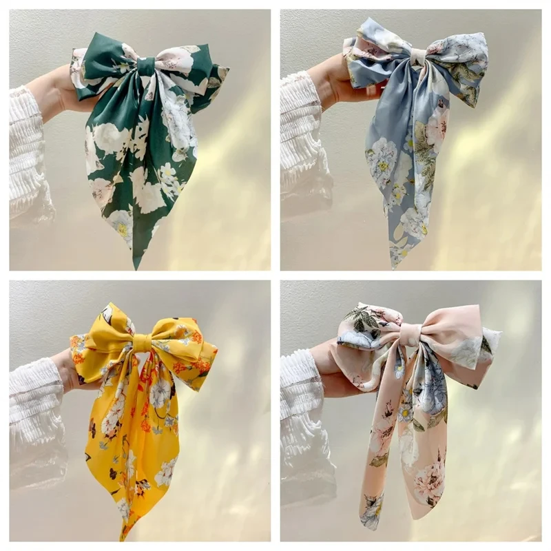 

New Silk Ribbon Bow Hairpins Women Fashion Satin Printed Floral Hair Clips Ponytail Barrette Hair Accessories Girls Headdresses