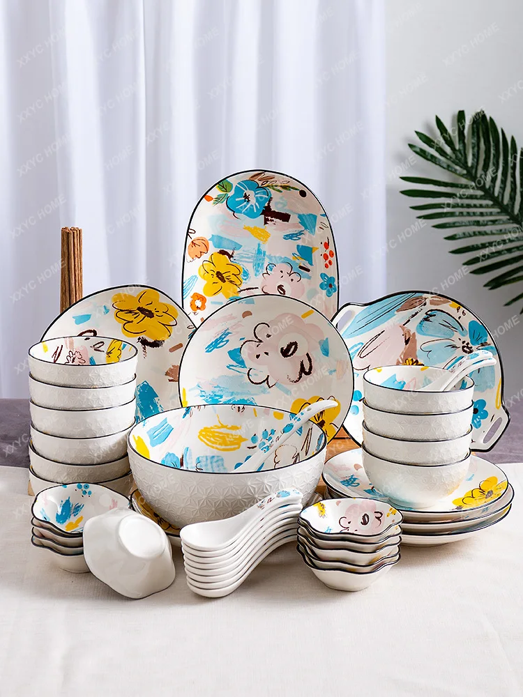 Ceramic Bowl Plate Bowl and Dish Set Household Creative Bowls and Dishes Eating Bowl Plate Bowl and Chopsticks Bowl Spoon