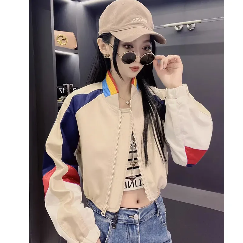 

Retro Street Jacket Women's 2024 Spring And Autumn New Rainbow Collar Contrasting Collar College Style Casual Baseball Uniform