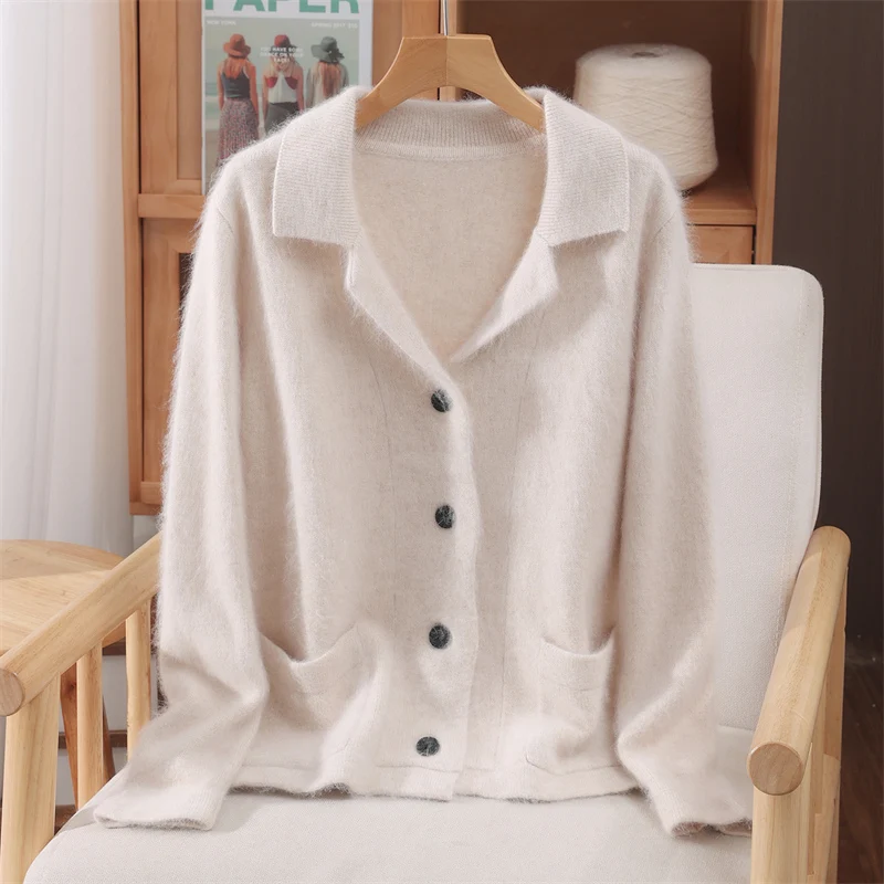 

Fashion New Women's 100% Mink Cashmere Sweater Turn-Down Collar Cardigan Autumn Winter Soft Casual Loose Clothing Tops