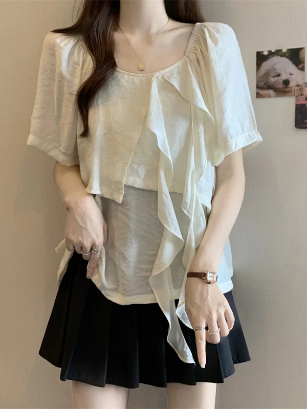 

plus Size Women's irt Summer Slimming Uneven Hem Square Collar Design Chiffon Top Princ Sle Sweet Wind Loose Fit ort...