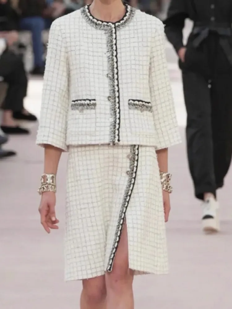 Party O-Neck Tweed Jacket Sets Three-Quarter Sleeve Banquet Cloak Coat Outfits Asymmetric Design Knee Length Skirt Matching Set