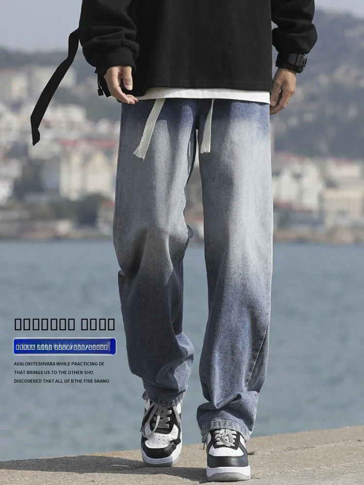 

Мужские джинсы синего цвета, прямого кроя, в американском ретро-стиле, свободного кроя, с завязками, из хлопкового денима, весна-осень