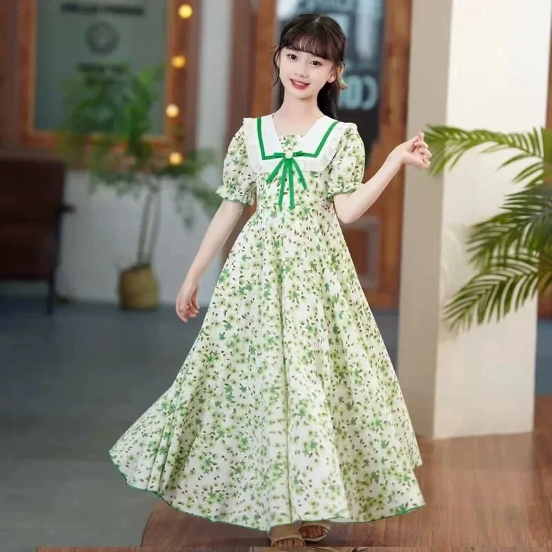 Vestido Maxi Floral Verde para Meninas com Manga Bufante, Gola Contrastante e Laço, Vestido A-line Casual de Verão 2026 para Festas, para Crianças de 
