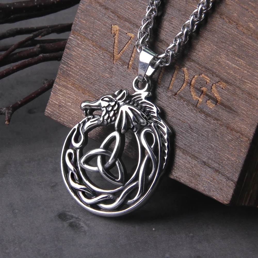 Punk Vikings Dragon Stainless Steel Necklace Mens Nordic Runes Pendant Triangle Vegvisir Amulet Scandinavian Ouroboros Jewelry